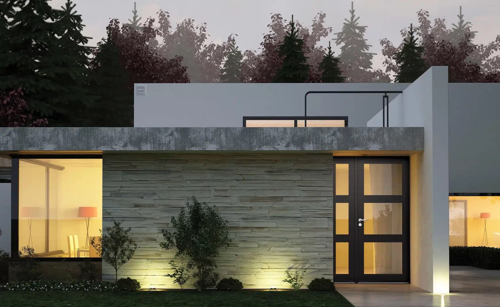 Villa contemporaine au crépuscule — porte d'entrée et menuiseries alu, réalisation Pulse Menuiserie